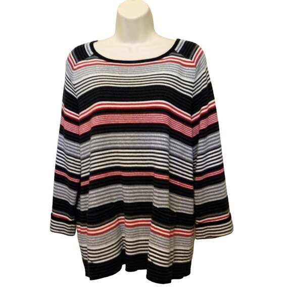 Croft & Barrow Striped Knit Top XL Black Silver Red Gray Scoop Neck 3/4 Sleeve - Picture 3 of 8